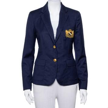 مملوكة مسبقًا Ralph Lauren Navy Blue Wool Logo Embellished Button Front Blazer M