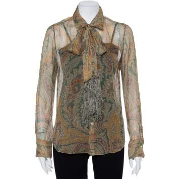 Pre Owned Ralph Lauren Multicolor Floral Printed Silk Neck Tie Detail Sheer Shirt L