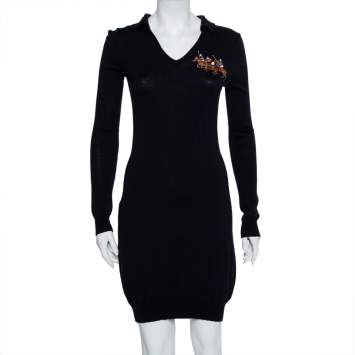 Pre Owned Ralph Lauren  Navy Blue Wool Collared Logo Embroidered Midi Dress L