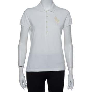 Pre Owned Ralph Lauren White Cotton Beaded Logo Embellished Polo T- Shirt M