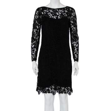 Pre Owned Ralph Lauren Black Lace & Leather Trim Merrill Dress M