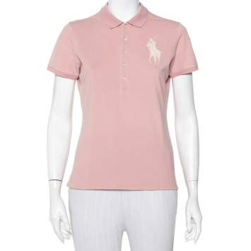 Pre Owned Ralph Lauren Blush Pink Cotton Beaded Logo Embellished Polo T- Shirt L