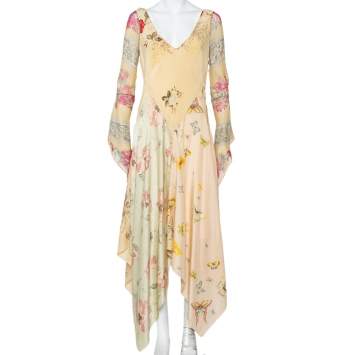 Pre Owned Ralph Lauren Cream Floral Printed Silk Asymmetric Hem Maxi Dress M