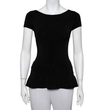 Pre Owned Ralph Lauren Black Knit Flared Hem Detail Top XS
