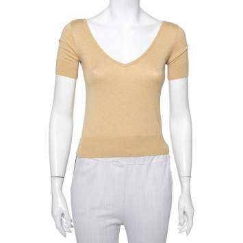 Pre Owned Ralph Lauren Beige Knit Plunge Neck Top XS