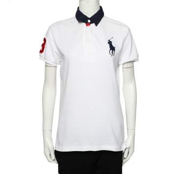 Pre Owned Ralph Lauren White Cotton Pique Contrast Collar Detail Polo T-Shirt L