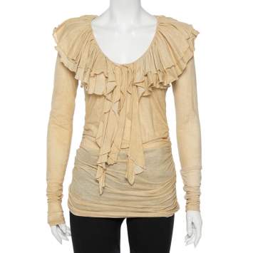 مملوكة مسبقًا Ralph Lauren Beige Cool Dye Effect Cotton Knit Ruffle Detail Ruched Top S