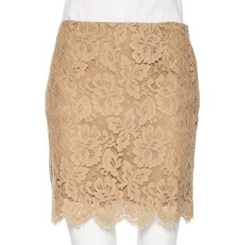 Pre Owned Ralph Lauren Beige Floral Lace Scallop Hem Mini Skirt M