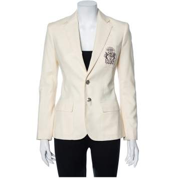 Pre Owned Ralph Lauren Cream Wool Crest Embroidered Button Front Blazer S