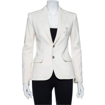 Pre Owned Ralph Lauren Cream Cotton Knit Applique Detail Button Front Blazer S