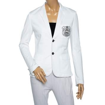 Pre Owned Ralph Lauren White Cotton Knit Logo Patch Detailed Single Breasted Blazer S
