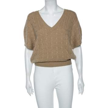Pre Owned Ralph Lauren Light Brown Cashmere Drop Shoulder Detailed V-Neck Jumper S