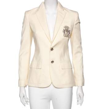 Pre Owned Ralph Lauren Cream Wool Logo Patch Detailed Single Breasted Blazer S