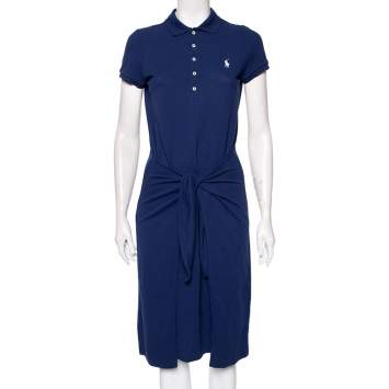 Pre Owned Polo Ralph Lauren Navy Blue Cotton Pique Waist Tie Detail Midi Dress S