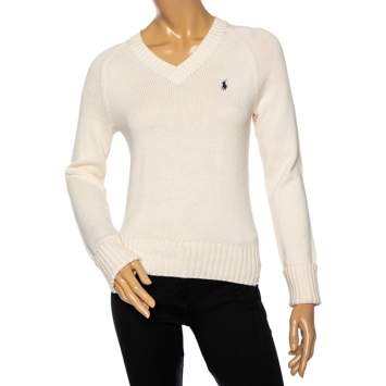 Pre Owned Ralph Lauren Off-White Cotton Knit V-Neck Jumper M