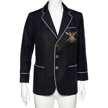 Pre Owned Ralph Lauren Navy Blue Linen And Cotton Contrast Trim Blazer L