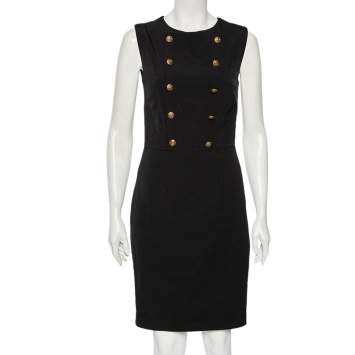 Pre Owned Polo Ralph Lauren Black Wool Button Detail Sleeveless Dress S
