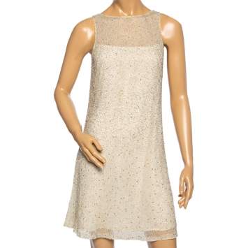 Pre Owned Ralph Lauren Cream Embellished Mesh Sleeveless Short Dress S