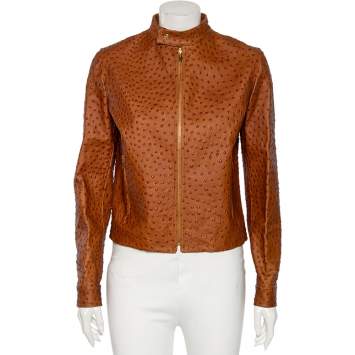 Pre Owned Ralph Lauren Brown Ostrich Leather Standing Collar Jacket M