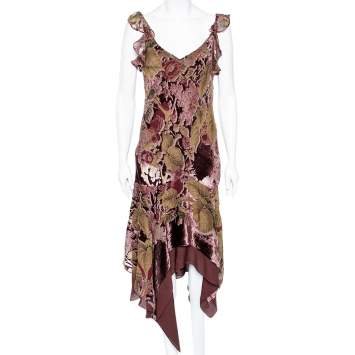 Pre Owned Ralph Lauren Burgundy Printed Silk & Velvet Inset Ruffle Detailed Dress S