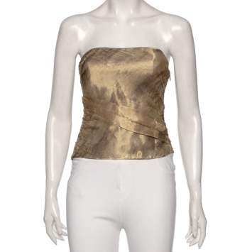 Pre Owned Ralph Lauren Gold  Patterned Mesh & Silk Strapless Top M