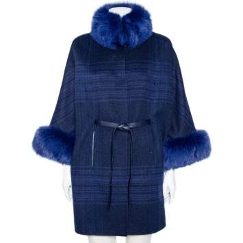 Pre Owned Loro Piana Blue Cashmere & Fur Trimmed Belted Cape Coat S