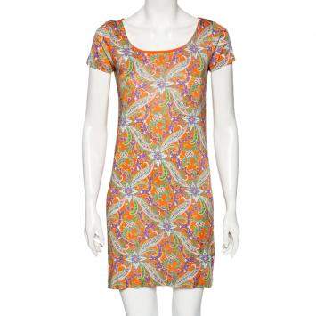 Pre Owned Ralph Lauren Orange Printed Jersey Short Sleeve Dress S