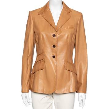 Pre Owned Ralph Lauren Tan Leather Button Front Blazer Jacket M 