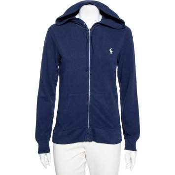 Pre Owned Ralph Lauren Navy Blue Cotton Pique Zip Front Hoodie M