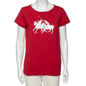 Pre Owned Ralph Lauren Red Logo Embroidered Round Neck T-Shirt XL