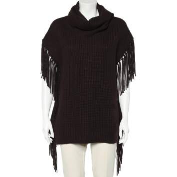 Pre Owned Ralph Lauren Brown Wool & Cashmere Knit Fringed Turtle Neck Sweater L