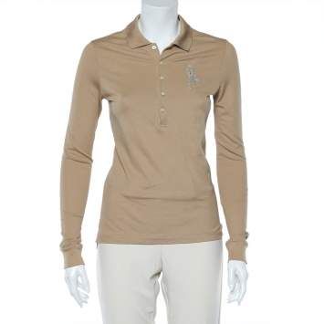 Pre Owned Ralph Lauren Beige Cotton Knit Embellished Logo Polo T-Shirt M