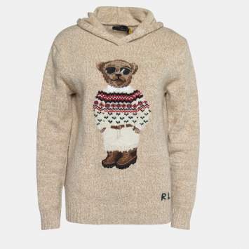 Pre Owned Polo Ralph Lauren Beige Wool Knit Teddy Bear Hoodie XS