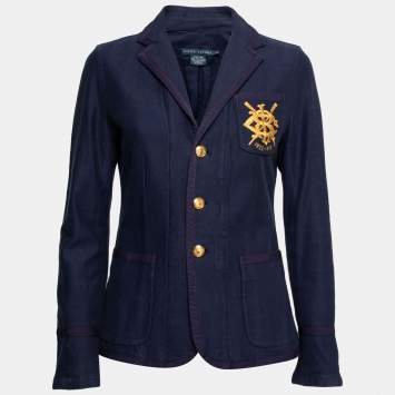 Pre Owned Ralph Lauren Navy Blue Cotton Logo Patch Crest Blazer M 