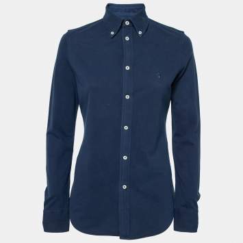 Pre Owned Ralph Lauren Navy Blue Knit Oxford Long Sleeve Polo Shirt S