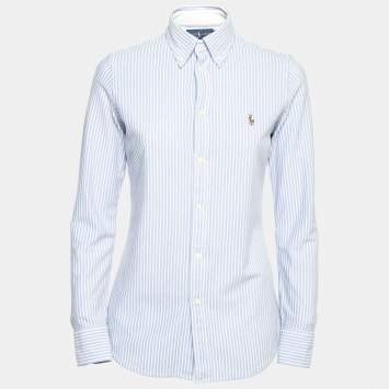 Pre Owned Ralph Lauren Blue Striped Knit Oxford Button Front Polo Shirt M