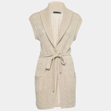 Pre Owned Ralph Lauren Light Beige Linen & Alpaca Cable Knit Sleeveless Open Front Cardigan XS