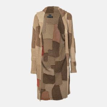 Pre Owned Ralph Lauren Brown Patchwork Hand Knit Silk Long Cardigan M