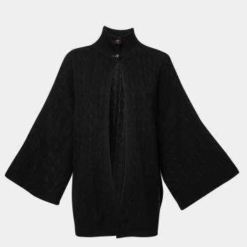 Pre Owned Ralph Lauren Black Cable Knit Wool Open Front Cape Cardigan M/L 
