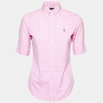 Pre Owned Ralph Lauren Pink and White Checkered Button Front Short Sleeve Shirt XS