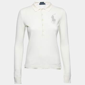 Pre Owned Ralph Lauren Cream Cotton Pique Logo Embellished Skinny Polo T-Shirt XS