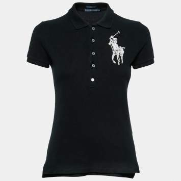 Pre Owned Ralph Lauren Black Cotton Logo Beaded Embroidered Polo T-Shirt S