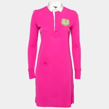 Pre Owned Ralph Lauren Pink Jersey Embroidered Long Sleeve Dress S