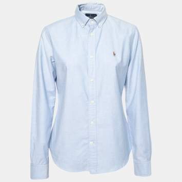 Pre Owned Ralph Lauren Blue Cotton Logo Embroidered Button Front Shirt L