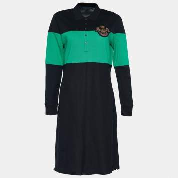 Pre Owned Ralph Lauren Black & Green Stripe Knit Polo Dress L