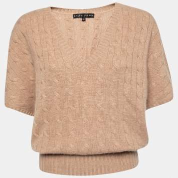 Pre Owned Ralph Lauren Beige Cable Knit Cashmere V-Neck Sweater S