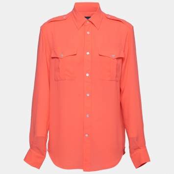 Pre Owned Ralph Lauren Orange Crepe Relaxed Fit Button Front Shirt M