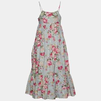 Pre Owned Ralph Lauren Light Blue Floral Print Cotton Sleeveless Midi Dress XL