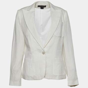 Pre Owned Ralph Lauren White Lurex Linen Button Front Blazer L