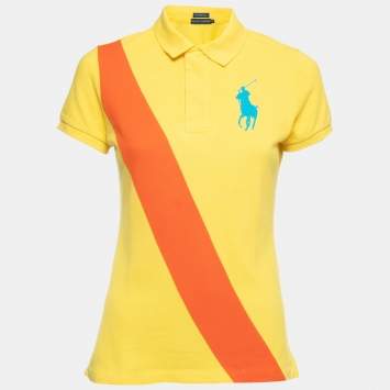 Pre Owned Ralph Lauren Yellow & Orange Cotton Pique Skinny Polo T Shirt S